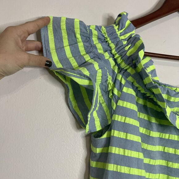 CoreyLynnCalter Bayside  Green Blue Striped Off Shoulder Flutter Dress Womens M - Picture 9 of 10
